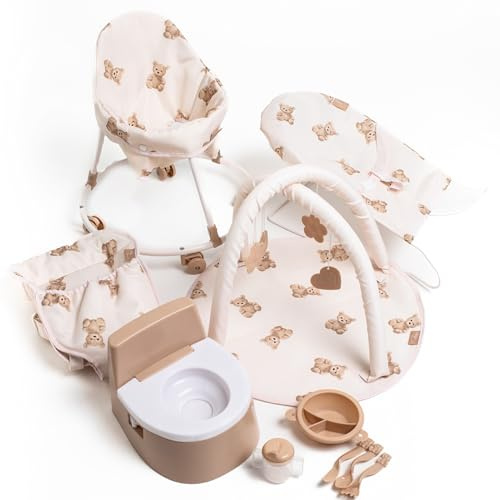 Roma 10-in-1 Baby Doll Accessories Mega Set – Doll Carrier, Baby Walker, Bouncer, Play Gym & Potty Training Toys for 26-45cm Dolls & Teddies – Toddler Imaginative Play Gift, Ages 3+ (Teddy)