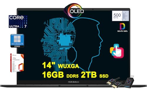 ASUS Zenbook OLED Copolit AI PC Laptop | 14 WUXGA Lumina OLED Touch 550nits 100% DCI-P3 | Intel 16-core Ultra 7 155H | 16GB DDR5 2TB SSD Backlit Thunderbolt Win11Pro w/DLCA Accessory
