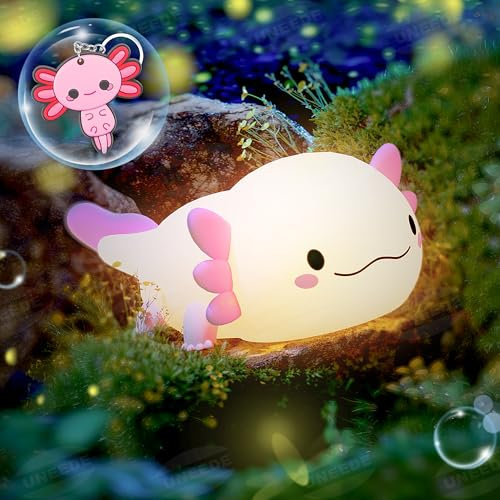 UNEEDE Axolotl Nachtlicht mit Schlüsselanhänger, Nachtlicht Kinder Stilllicht, Silikon Nachttischlampe, Rosa Axolotl Aufladbar Touch LED Dimmbar Tischlampe, Geschenk für Kinder Baby Mädchen Junge