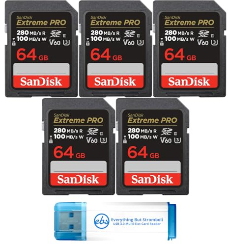 SanDisk Lot de 5 cartes SDXC 64 Go UHS-II Extreme Pro pour photo et vidéo | Compatible avec les reflex numériques et les appareils photo sans miroir (SDSDXEP-064G-GN4IN) avec 1 lecteur de carte SD