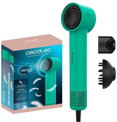 Cecotec Secador de Pelo Ionicare Rockstar Style Green, Secador Muy Compacto y Ligero, Motor 1500W 110000 Rpm, Generador de Iones, 4 Temperaturas, 3 Velocidades, Silencioso: Tecnología Brushless