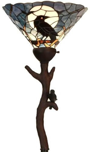 Bieye L50959 Raven Sitting on Bare Tree Branch Again Full Moon Tiffany Style Stained Glass Torchiere Floor Lamp for Halloween Decor (Dark Blue)