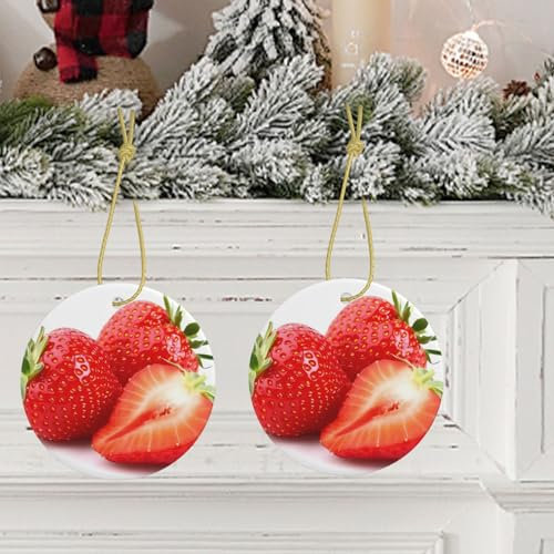 Weihnachtsschmuck in Form frischer Erdbeeren mit goldener Schleife, Weihnachtsbaumschmuck aus Keramik zum Aufhängen für die Feiertage, Keramikschmuck zum Basteln, Christbaumschmuck, Heimschmuck für We