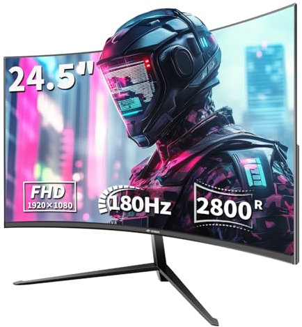 CRUA Moniteur de jeu incurvé 24,5 180 Hz, FHD 1080p, sans cadre, prend en charge AMD freesync Low Motion Blur, soin des yeux, DisplayPort, HDMI, installation murale compatible, noir