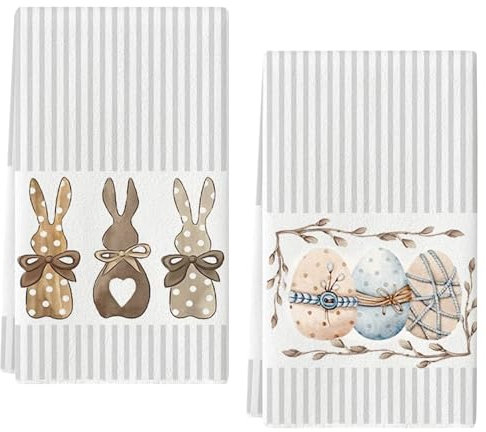 Hasen Ostereier Ostern Küchentücher 2er Set,Geschirrtücher süße Osterhasen,Küchenhandtücher,Kaninchen Dekoration Handtücher,für Frühling & Ostern,Trockentuch Saugstarke Strapazierfähig,40 x 60 cm