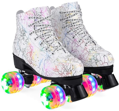 ERNAN Damen Klassische Retro Rollschuhe,Disco Roller,Classic Roller | Rollschuhe für Kinder und Erwachsene, komfortabl LED Rollerskates für Jugendliche und Anfänger.Mädchen. (White Lightning, 39)