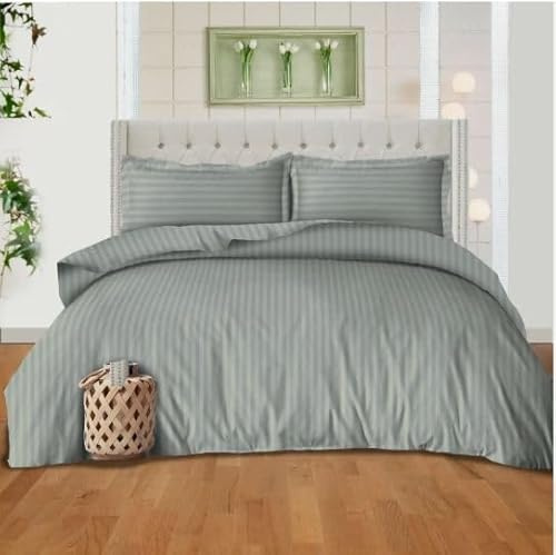 mia Stripe Duvet Cover Zip Closure With Pillow Case 100% P Cotton Duvet Bedding Set (Light Grey, King)