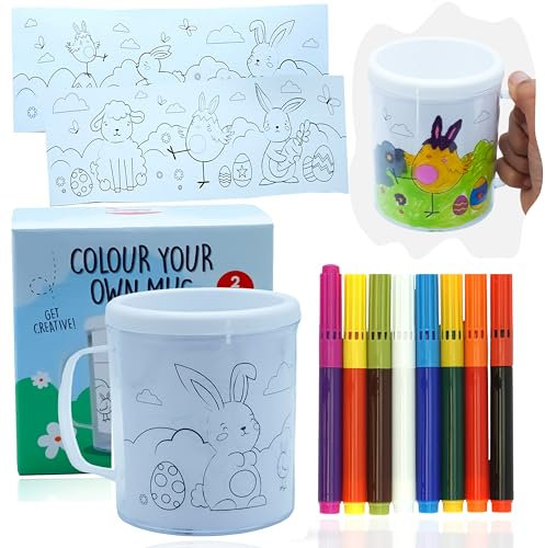 9Pcs Happy Easter Kids Craft Set, 300ml Paint Your Own Mug Colour Swap Magic Felt Tip Pens, 2 Paper Inserts with Transparent Cup, Drawing Pens Party Bag Fillers