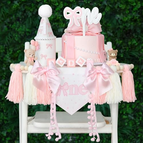 HODIHIWI Rosa Schleife 1. Geburtstag Hochstuhl Banner Dekorationen Holzperle Quaste Girlande Kegel Hut Holz Kuchen Topper für Baby Mädchen
