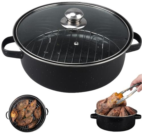 Roaster Pan 11-Inch Enameled Roasting Pan with Lid Non Stick Black Roaster Pot with Glass Lid and Double-Handle for Sweet Potatoes Turkey Chicken Meat