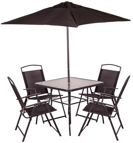 Shally Dogan Set 6 Pezzi da Pranzo per Giardino con Ombrellone, 4 Sedie Pieghevoli e 1 Tavolo con Ripiano in Vetro Temperato, Resistente Raggi UV, Arredamento Esterno, Patio, Terrazzo (Grigio Scuro)