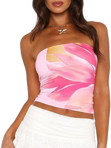 Sukiglam Crop Tops Donna Senza Spalline Tubo Top a Fascia Elegante Stampa Floreale Canotta Estivo Sexy Senza Maniche Y2k T Shirt Estensibile Maglietta Spalle Scoperte Casual Backless Camicette