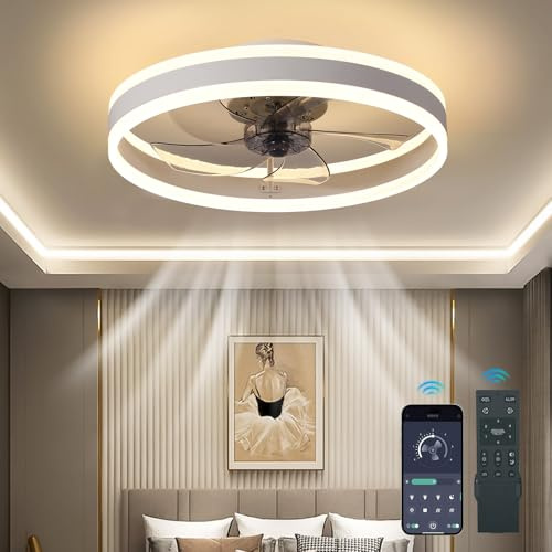 Alljia Smart Ceiling Lights with Fans, Flush Mount Reversible 6-Speed LED Light with Fan Compatible with Remote/App, Timer, Dimmable, Low Profile Bedroom Living Room Ceiling Fan, 19.7 Light Grey