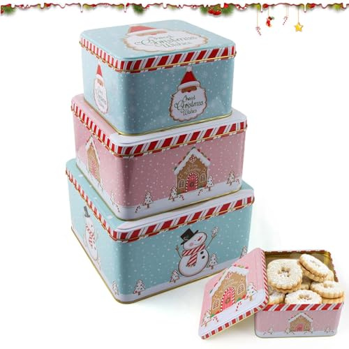 QIANAI Weihnachtskeksdosen Set aus Metall, Weihnachtsdose 3er set, Blechdosen mit Deckel für Weihnachten, Gebäckdose weihnachten eckig, Weihnachtsgebäck Dose, Weihnachtsplätzchendose (Rosa + Blau)