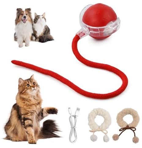 Joyan Interaktives Katzenspielzeug Katzenball mit Vogelgeräusche, Elektrisch USB-Aufladbar Automatisch Rollend mit 2 Plüschbändern, 3 Spielmodi zur Selbstbeschäftigung für Katzen