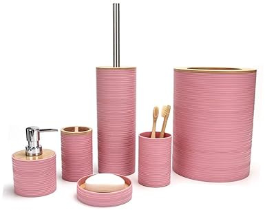 BM Set di Accessori da Bagno in Bambù e Plastica, Set Accessori Bagno Completo 6 Pezzi, Dispenser, Portaspazzolino, Bicchiere, Portasaponetta, Portascopino, Pattumiera