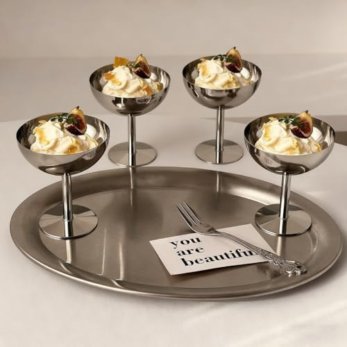 Tissting Edelstahl-Eisbecher, 4 Stück Hohe Füße Dessertschalen | Trifle-Schüssel Silber Eisbecher Servierschalen für Desserts Eisbecher Salat Cocktail Gewürze