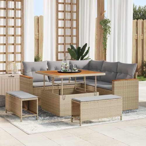Ziaphsol Gartensofa-Set mit Kissen, 8-teilig, Beige Poly Rattan, Modulares Outdoor Lounge Set, Höhenverstellbarer Tisch, UV-beständig, Wetterfest für Terrasse & Garten