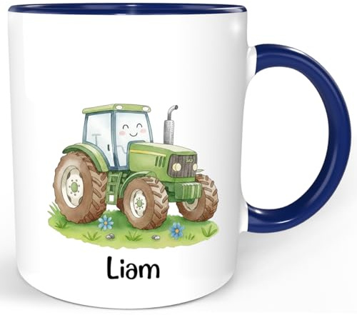 Liam Traktor Tasse – Niedliche Kinder Tasse mit süßem Traktor – Geschenkidee für Liam – Personalisierter Becher für Kindergarten & Zuhause, Tasse mit Namen (Blau)