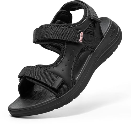 FitVille Women’s Wide Fit Walking Sandals, Adjustable Straps, Arch Support, Cushioned EVA Sole, Lightweight Non-Slip Summer Sandals Wide 5.5 UK Jet Black