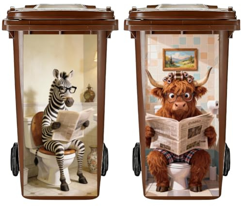 PRESSINART 2Pcs 2 Styles Wheelie Bin Stickers 15 x 32 Inch Waterproof Self Adhesive Vinyl Dustbin Labels, Trash Can Decals Funny Zebra Cattle Pattern for Garbage Bins Garden Outdoor Yard Indoor Decor