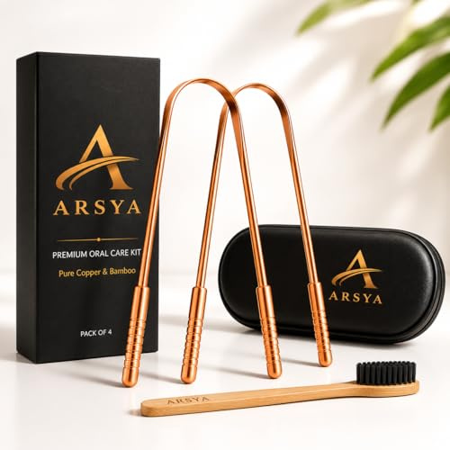 ARSYA Copper Tongue Scraper Kit for Adults, 2 Pure Copper Scrapers, Bamboo Cleaning Brush, Travel Case, Oral Care Set | Includes 2 copper tongue scrapers, hard travel case and bamboo toothbrush.