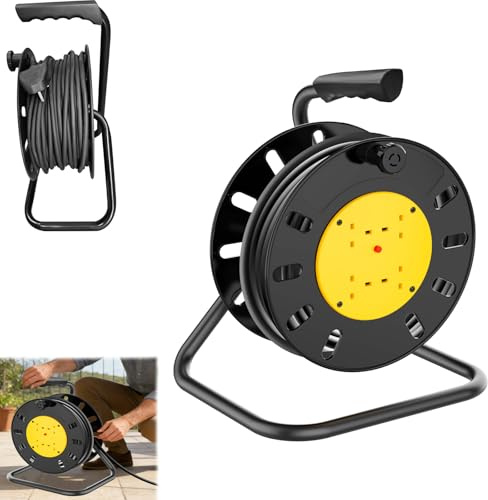 Kabeltrommel Verlängerungskabel 25m, Outdoor Steckdose mit 4 Steckdosen, Automatik Kabeltrommel Verlängerung, Werkstatt Kabelaufroller, Thermoschalter und Kabelhalter, Verlängerungskabel außen