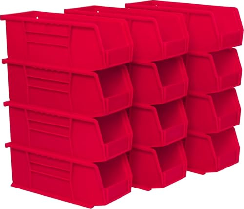 Akro-Mils 30224 AkroBins Plastic Storage Bins, Space-Saving Stackable Bins for Garage, Pantry, Craft Organization, 27.6 cm x 10.5 cm x 10.2 cm, Red, 12-Pack