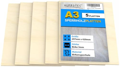 AUPROTEC 5x A3 Placas de madera 3mm Contrachapado de Abedul (297 mm x 420 mm) para manualidades bricolaje marquetería madera maciza contrachapada