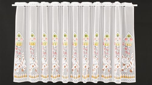 frankgardinen Scheibengardine Vogelhaus und Katze 60 cm hoch weiß bunt - Wunschbreite frei wählbar durch gekaufte Menge in 14 cm Schritten - Meterware