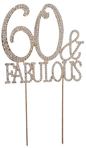 YeahiBaby 60 and Fabulous Cake Topper Sparkly Rhinestone Diamond Cupcake Toppers 60th Birthday Party Decorations for Wedding Anniversary (Golden)