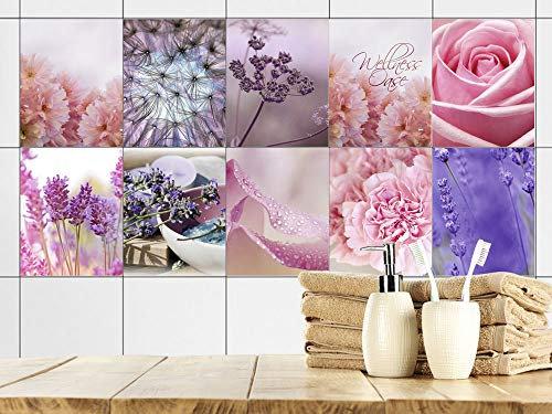GRAZDesign Fliesenaufkleber Bad & Küche Blumen Wandfliesen selbstklebend, Klebefliesen - Set 10 Stück