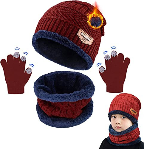 CheChury Enfants Bonnet Tricoté Écharpe Gants d'hiver Tour De Cou avec Double Polaire Chaud Écharpe et Chapeau pour Garçons et Filles, 3 Pièces,Taille unique,Rouge-Vin Rouge