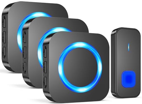SURFOU Wireless Doorbell, Waterproof Cordless Remote Door Bells Chime Battery Operated at 1300ft Range, Doorbells Kit with 1 Push Button 3 Plug-in Receivers with 55 Ringtones 5 Volume LED Flash
