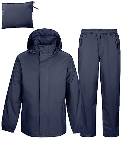 Herren Regenanzug Reflektierender Wasserdichter Anzug Outdoor Regenmantel Packbare Winddichte Regenjacke+Regenhose Atmungsaktive für Fischen Wandern Camping Grau M