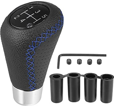 X AUTOHAUX Perilla De Cambio 5 Velocidades Negro 1Pc Universal Cuero Pu | Azul Puntadas, Universal, 5.5X5X9Cm, Metal, Agujero 17Mm, Rosca M5X0.8, Adaptadores 8/10/12/14Mm