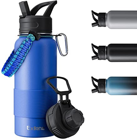 Exllena Water Bottle 1l with Two Lids, Stainless Steel Water Bottle Double Insulated with Silicone Sleeve and Paracord Handle Practical - Blue