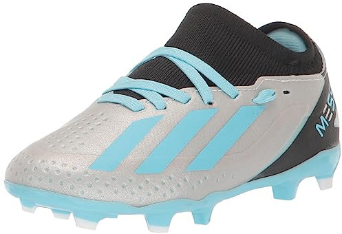 adidas Tenis unisex X Crazyfast Messi.3 con tacos de fútbol para suelo firme, Plateado metálico/Azul Bliss/Negro núcleo, 11.5 US Little Kid