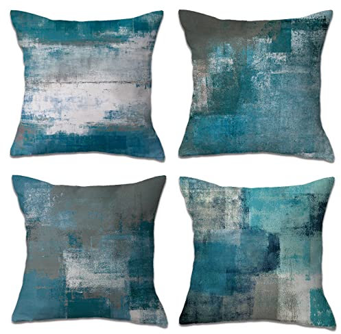OCEUMACO Leinen Kissenbezug 50x50 Modern Abstrakt Muster Kissenhülle 4er Set Quadratisch Sofakissen Dekokissen Bezug für Couch Sofa Kissen Kissenbezüge Outdoor Deko Zierkissen Couchkissen - Blau