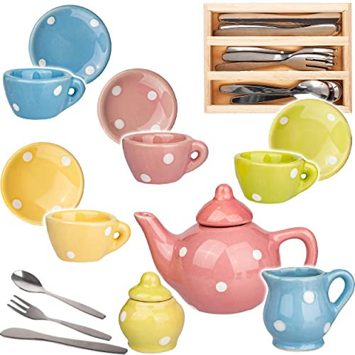 alles-meine.de GmbH 25 TLG. Set Puppengeschirr/Teeservice & Kaffeeservice + Besteckset - Bunte Punkte - Geschirr Porzellan/Keramik - Porzellangeschirr - Kinderküche - Pickn..