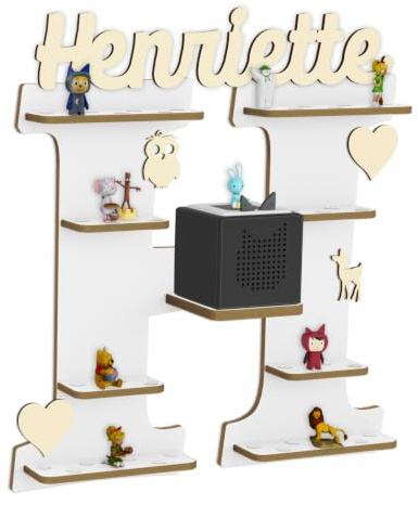 Holzura Tonie Regal für Toniebox, Toniebox Regal personalisiert mit Name und Holzsymbolen, Tonie Aufbewahrung (Buchstabe H)