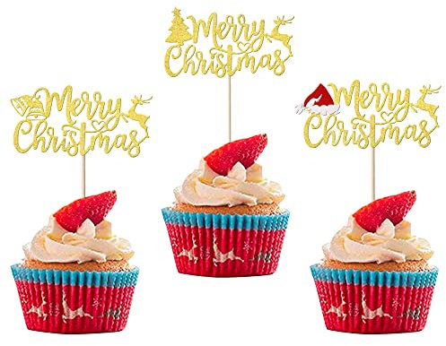 36 Stück Merry Christmas Cupcake Toppers Frohe Weihnachten Kuchen Toppers Christmas Hat Cupcake Picks Merry Christmas Xmas New Year Theme Party Kuchen Dekorationen Zubehör Gold