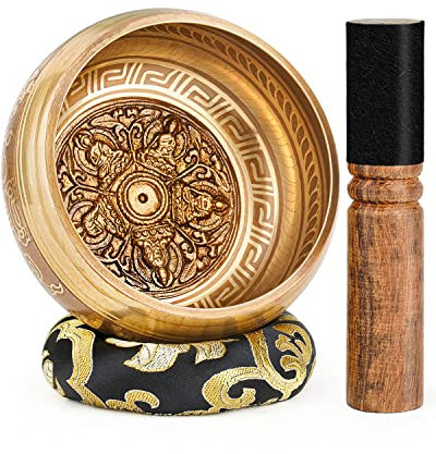 Hihealer Ensemble de Bols Chantants Tibétains Fait Main au Népal - Bol Sonore, Maillet, Coussin et Boîte Cadeau; Méditation, Yoga, Guérison des Chakras (Bouddha, 12cm)