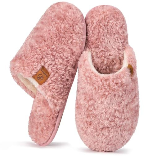 EverFoams Women's Slippers Cosy Fuzzy Faux Alpine Shearling House Shoes Ladies' Memory Foam Slip-ons with Lightweight Non-slip Sole Pink, 7-8 UK