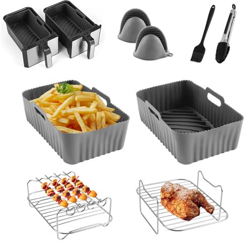 CINEMON Accesorios Freidora de Aire, Kit de Accesorios para Freidora sin Aceite de 7.6L-9.5L Ninja Dual Zone Air Fryer, Molde Silicona Freidora de Aire - Aptos para Lavavajillas (8 Piezas, Gris)