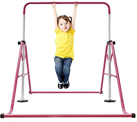 DCSYOG Gymnastikstange für Kinder, klappbar Gymnastik Turnreck 5 Höhen Verstellbar Garten Horizontaler Barren bis 100kg belastbar, Trainingsbarren für Kinder Heimtraining (Rosa)