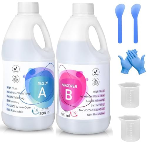Resine Epoxy Transparente Kit Complet,1: 1 Ratio Transparent Résine époxy Cristalline pour Moulage et Revêtement, Dessus de Table, Fabrication de Bijoux et Décoration Artisanale (white bottle-1000)