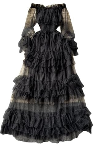 Inzegao Women Ruffle Mesh Maxi Dress Stretchy Waist Off Shoulder Sheer Long Sleeve Tulle Wedding Party Dresses, Black, One size