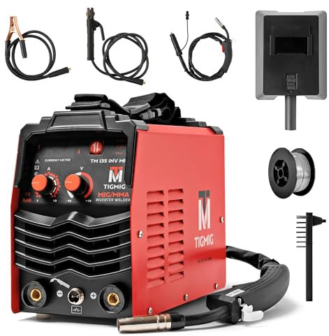 TIGMIG Saldatrice Inverter Filo Continuo FLUX NO GAS + MMA Elettrodo, Mod. TM135INVMIG, 135A, Inverter IGBT, Per Filo Animato ⌀0,8/1,0mm, Inclusa bobina 0,8mm da 0,45kg, GARANZIA e ASSISTENZA ITALIA