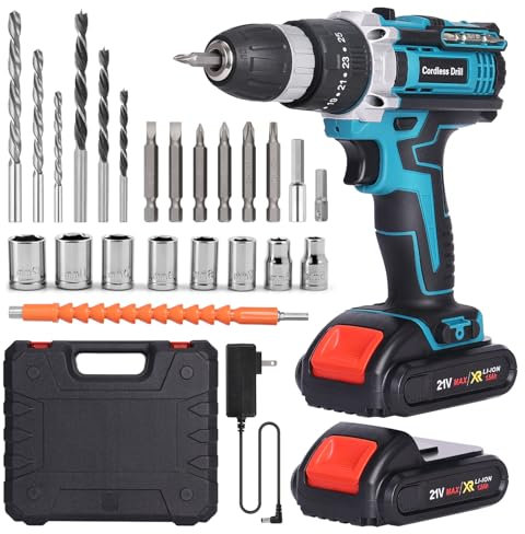 Yofuly Cordless Drill 21V, Electric Power Drill Cordless, Hammer Drill Driver and Screwdriver Set with 2Pcs Batteries, 25+3 Torque 42N.m Max LED Impact Combi Drill Machine